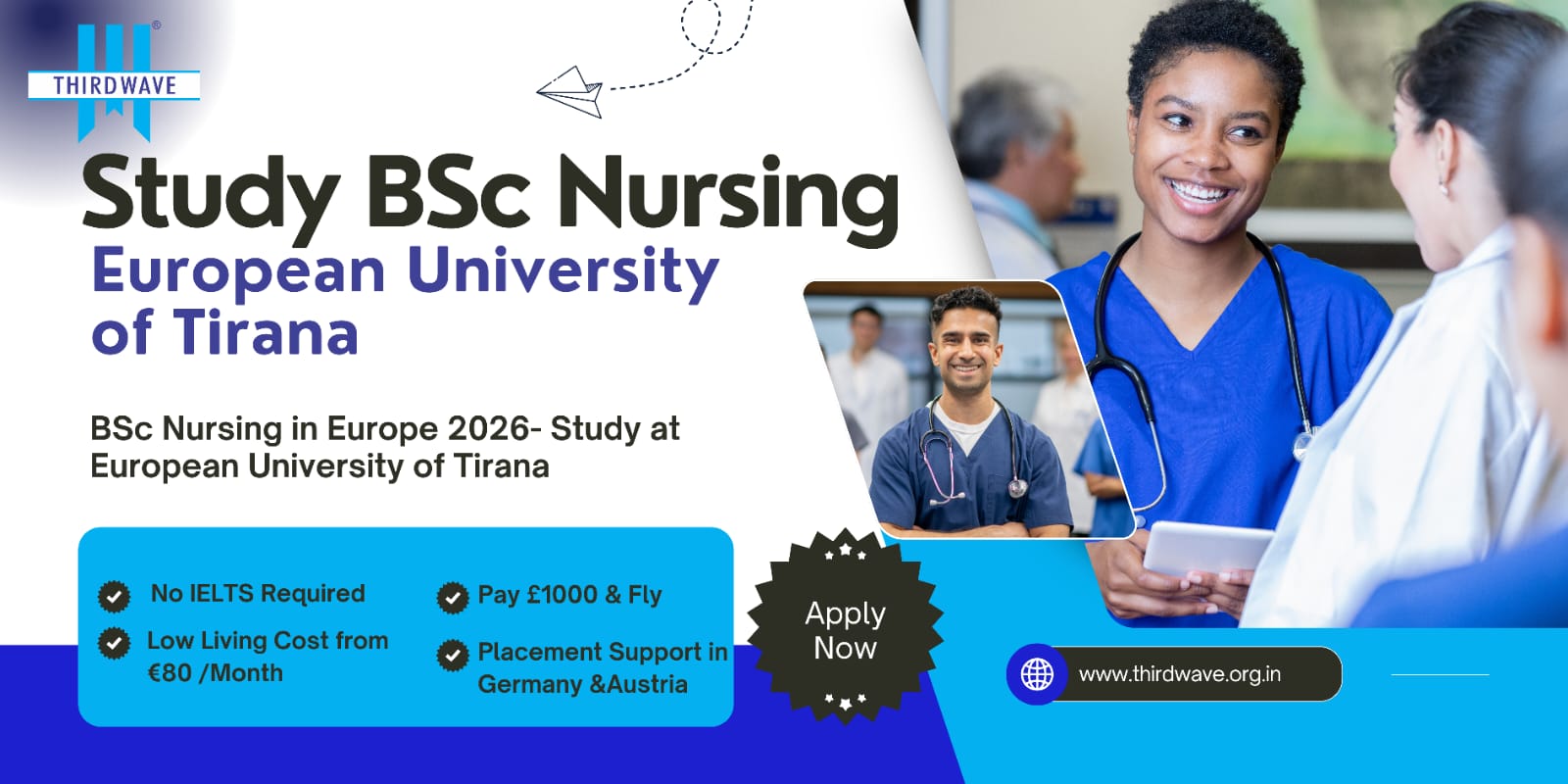BSc Nursing in European University of Tirana 2026 banner with study abroad guidance by Thirdwave Overseas Education