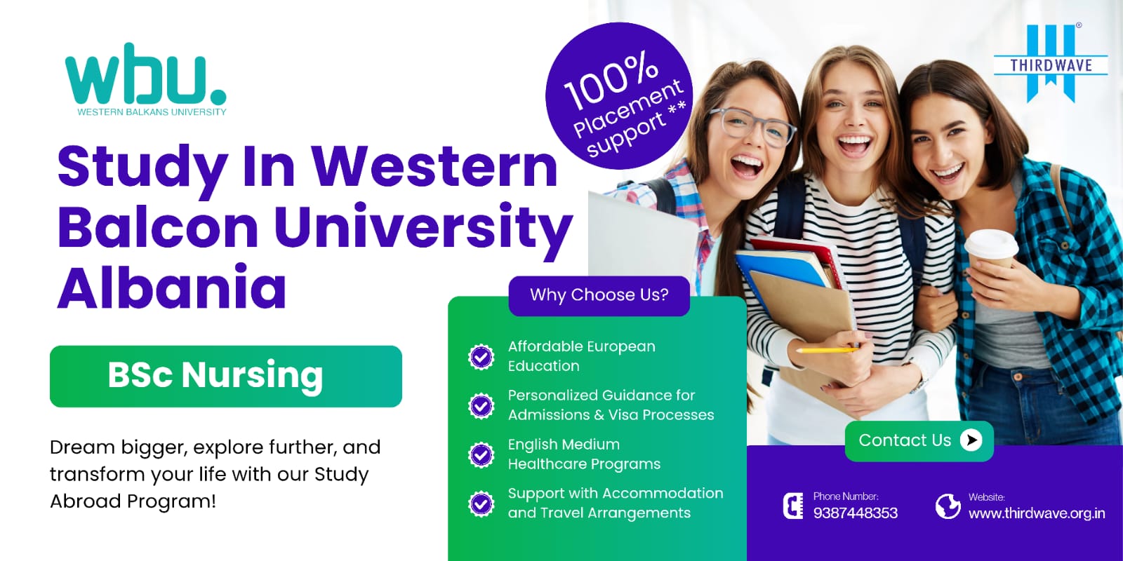 Indian students pursuing BSc Nursing at Western Balkans University in Albania with affordable fees, clinical training, and admission support from Thirdwave Overseas Education.